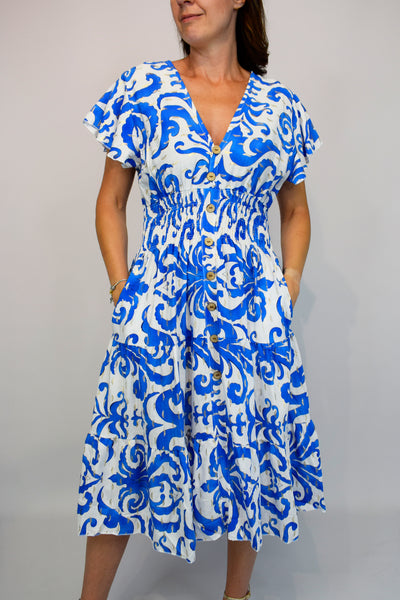 Gold Paisley Button Front Cotton Midi Dress - Blue