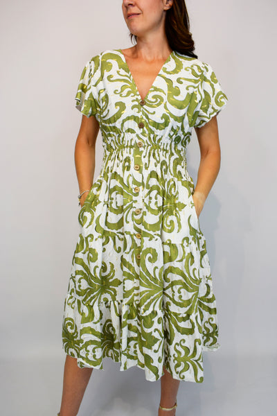 Gold Paisley Button Front Cotton Midi Dress - Khaki