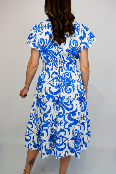 Gold Paisley Button Front Cotton Midi Dress - Blue