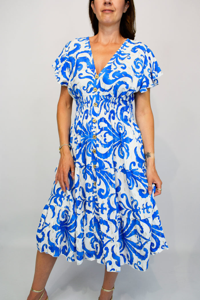 Gold Paisley Button Front Cotton Midi Dress - Blue