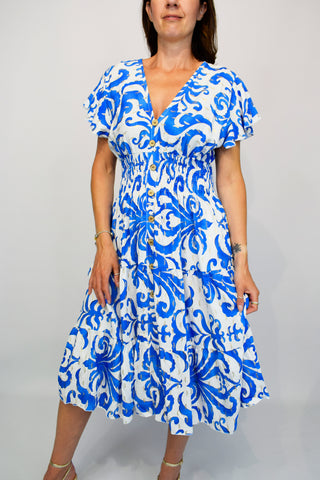 Gold Paisley Button Front Cotton Midi Dress - Blue