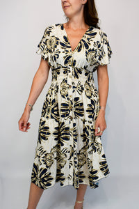 Gold Palm Leaf Button Front Midi Dress - Navy
