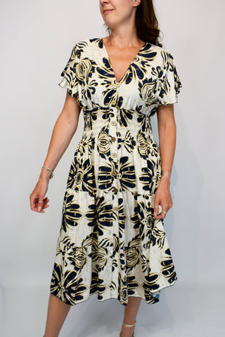 Gold Palm Leaf Button Front Midi Dress - Navy