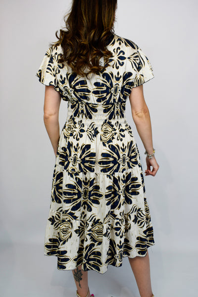 Gold Palm Leaf Button Front Midi Dress - Navy