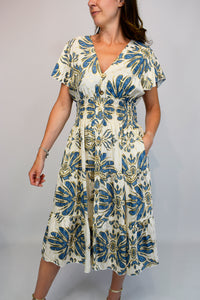 Gold Palm Leaf Button Front Midi Dress - Denim
