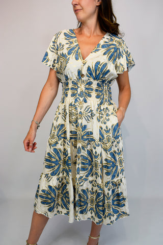 Gold Palm Leaf Button Front Midi Dress - Denim