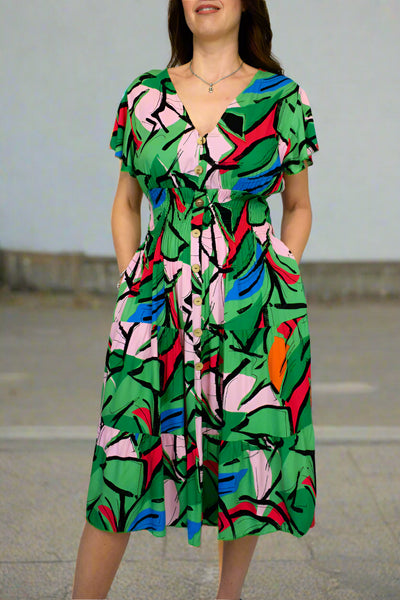 Crazy Abstract Print Dress - Green Mix