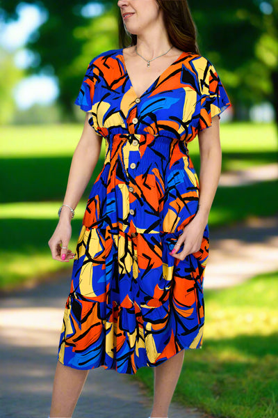 Crazy Abstract Print Dress - Blue Mix
