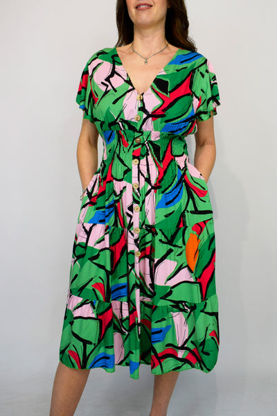 Crazy Abstract Print Dress - Green Mix