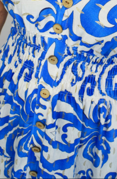 Gold Paisley Button Front Cotton Midi Dress - Blue