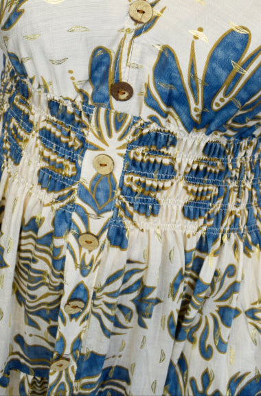 Gold Palm Leaf Button Front Midi Dress - Denim