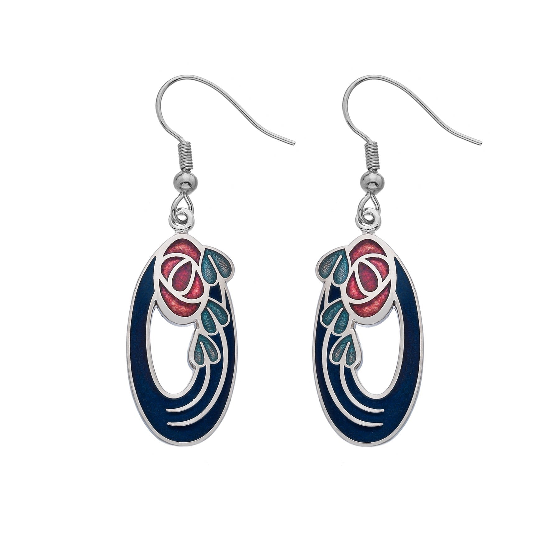 Rennie Mackintosh Rose & Leaf Oval Earrings - Blue/Red