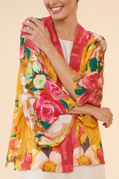 Impressionist Floral Kimono Jacket in Mustard