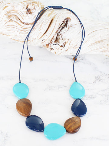Resin & Wood Pebble Necklace - Blue/Green/Brown