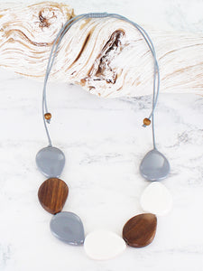 Resin & Wood Pebble Necklace - White/Grey/Brown