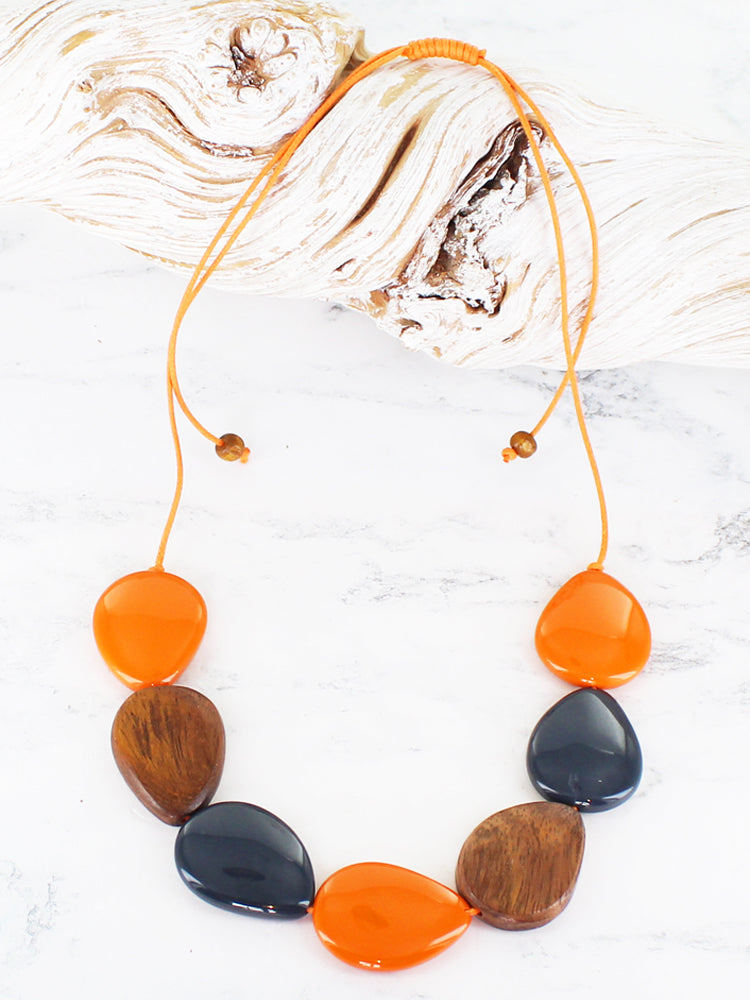 Resin & Wood Pebble Necklace - Orange/Black/Brown