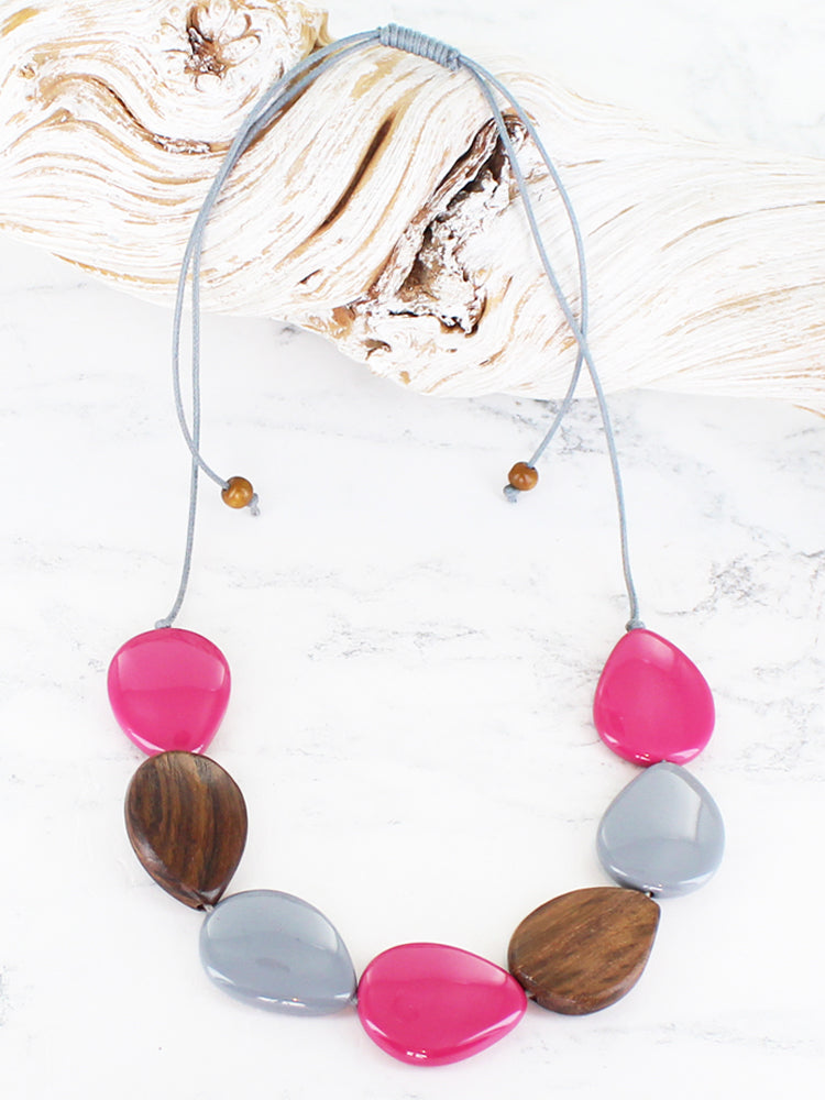 Resin & Wood Pebble Necklace - Pink/Grey/Brown