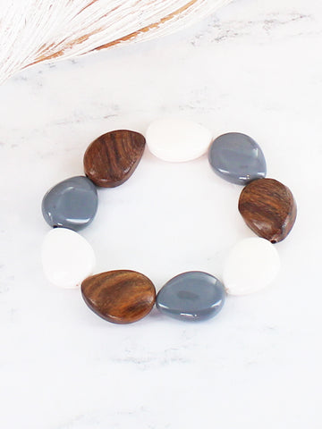 Wood & Resin Bracelet Elasticated Wooden Bracelet - Grey/White/Brown