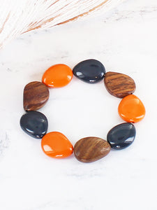 Wood & Resin Bracelet Elasticated Wooden Bracelet - Orange & Brown