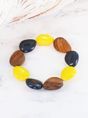 Wood & Resin Bracelet Elasticated Wooden Bracelet - Yellow & Brown