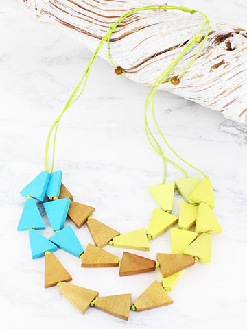 Triple Strand Wooden Triangle Necklace - Lemon/Aqua/Natural