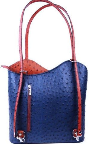 Ostrich Effect Leather Backpack Handbag - Blue/Tan