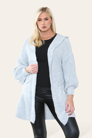 Bubble Sleeve Pocket Hoodie Cardigan - Grey/Blue