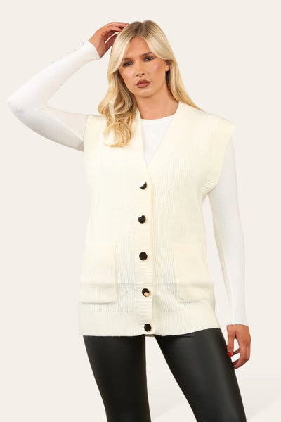 2-Pocket  Knitted Waist Coat with Gold Buttons - Cream