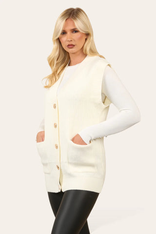 2-Pocket  Knitted Waist Coat with Gold Buttons - Cream