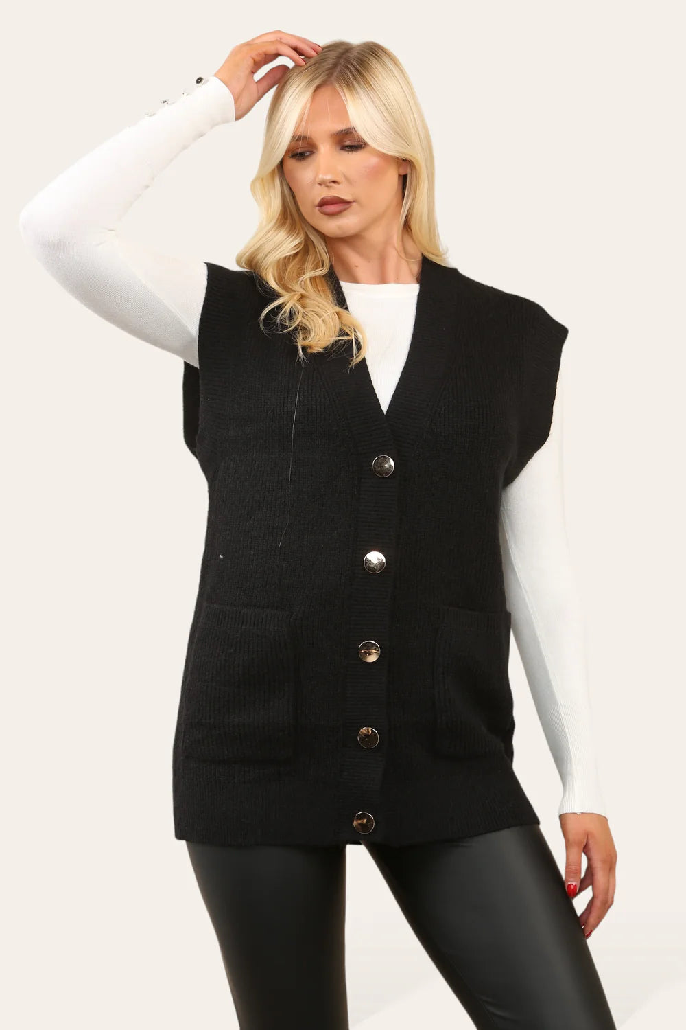 2 Pocket  Knitted Waist Coat with Gold Buttons - Black