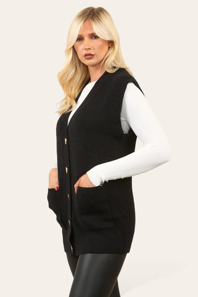 2 Pocket  Knitted Waist Coat with Gold Buttons - Black