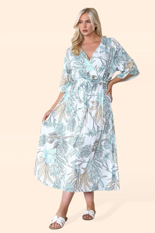 Belted Plus Size Printed Maxi Dress - Blue