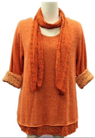 Knitted Layer Top with Scarf - Orange