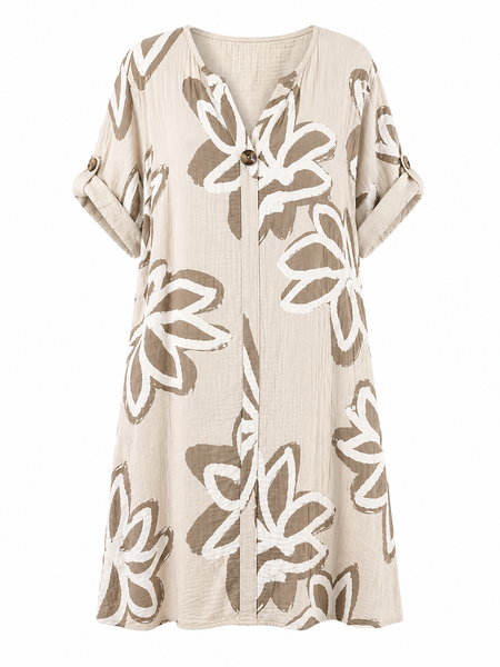 Bold Floral Button Tunic Dress - Mocha