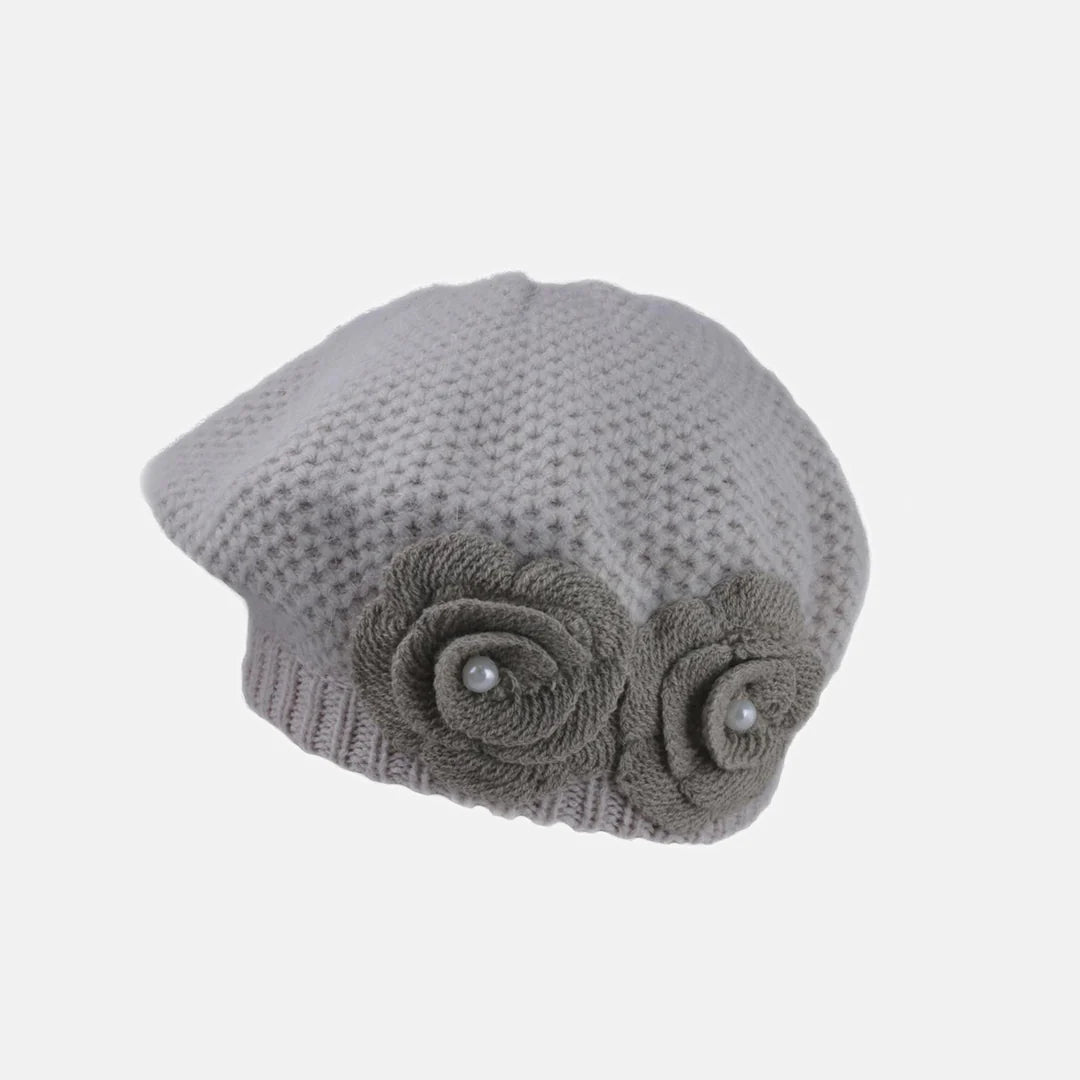 Proppa Toppa Knitted Beret with Flower - Beige