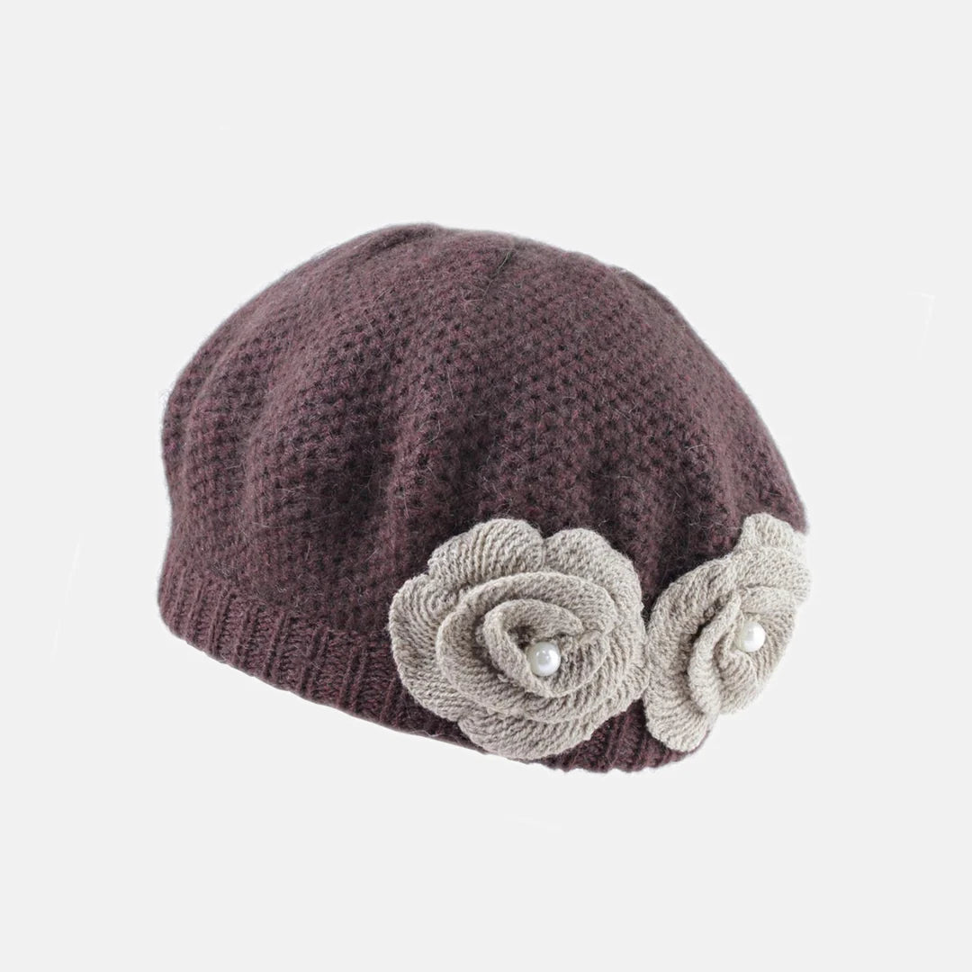 Proppa Toppa Knitted Beret with Flower - Brown