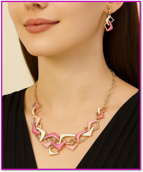 Square Necklace & Matching Earrings - Pink