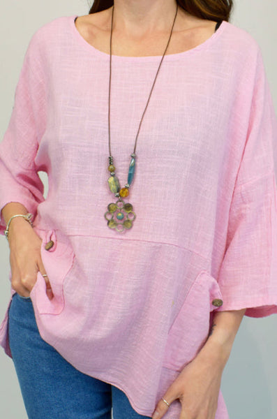 Pocket Front Italian Necklace Top - Baby Pink