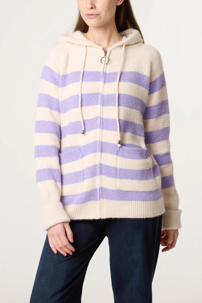 Striped Zipped Hoodie with Front Pockets - Lilac