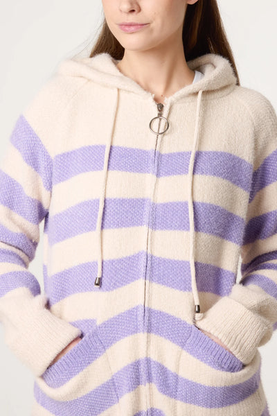 Striped Zipped Hoodie with Front Pockets - Lilac