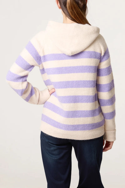 Striped Zipped Hoodie with Front Pockets - Lilac