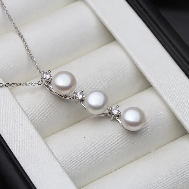 925 Silver Triple Pearl Pendant - White
