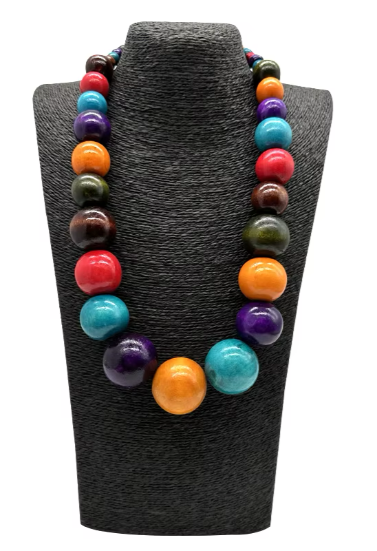 Wooden Elasticated Bead Necklace - Multi