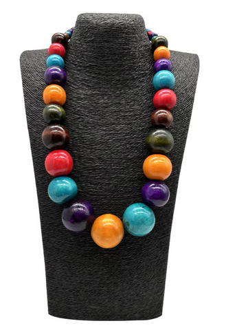 Wooden Elasticated Bead Necklace - Multi