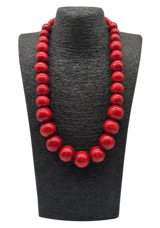 Wooden Elasticated Bead Necklace - Rose Red