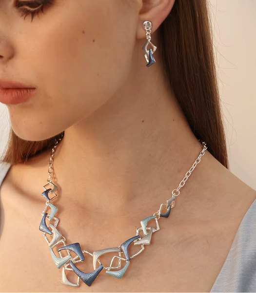 Square Necklace & Matching Earrings - Grey/beige/white