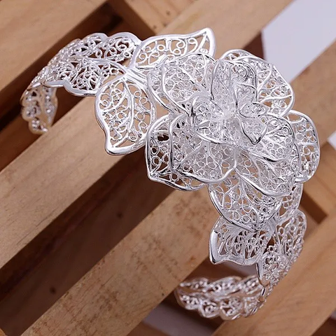 Elaborate Layered Flower Design  Silver Bracelet