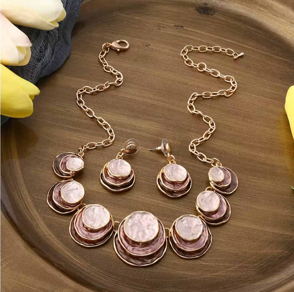 Triple Disk Necklace & Matching Earrings - Pinks & Cream