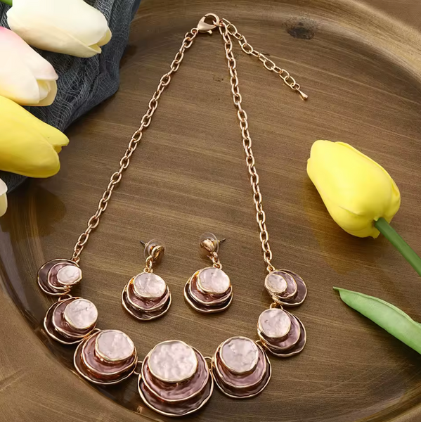 Triple Disk Necklace & Matching Earrings - Pinks & Cream