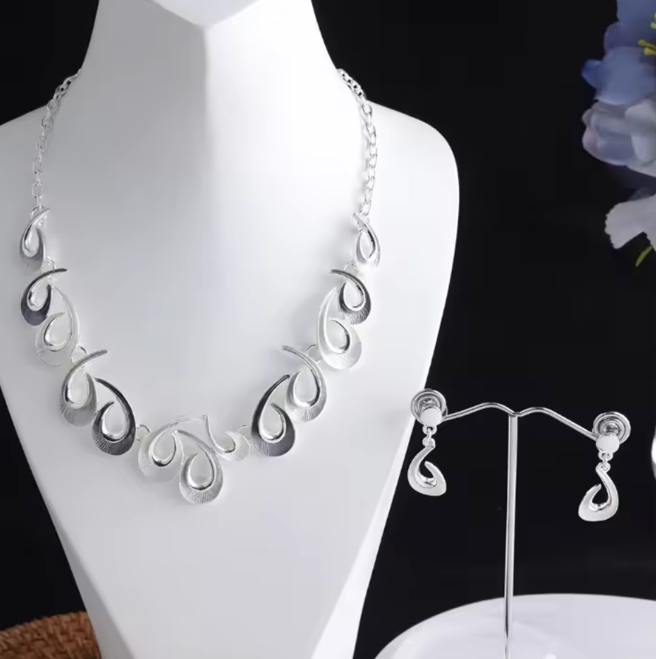 Open Teardrop Necklace & Matching Earrings - Silver